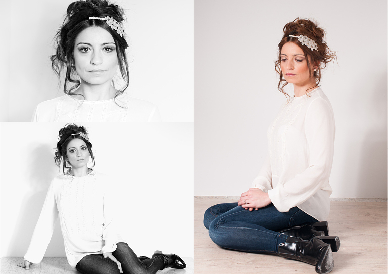 Composición de tres fotografías de retrato y moda realizadas por Alberto Cossío Fotografía, dos de ellas en el lado izquierdo son en blanco y negro  con un primer plano y otra de plano general y en el lado derecho un plano general a color, Sharai viste un pantalón vaquero con unas botas negras y una camisola blanca.